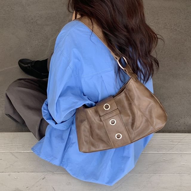 Grommet Faux Leather Shoulder Bag