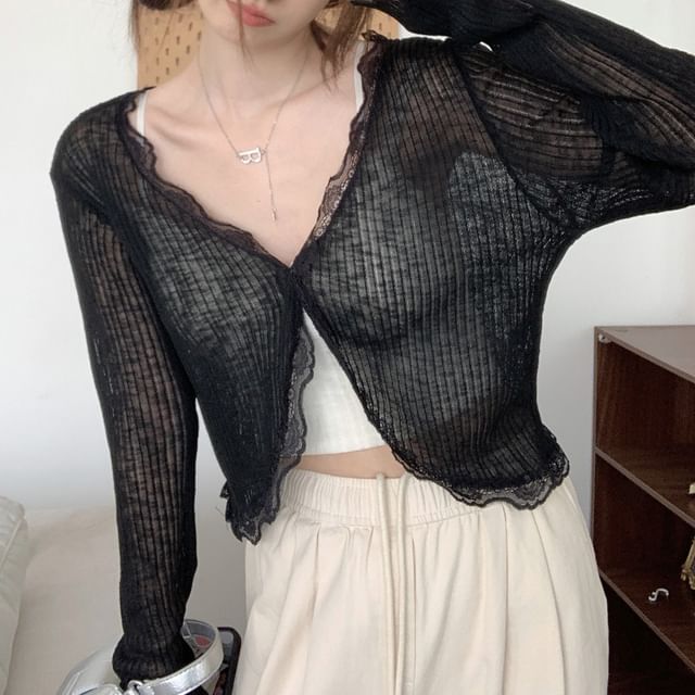 V-Neck Lace Trim Ribbed Crop Cardigan