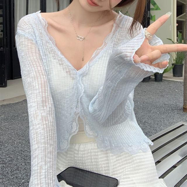 V-Neck Lace Trim Ribbed Crop Cardigan