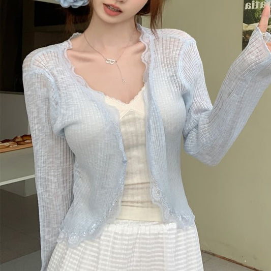 V-Neck Lace Trim Ribbed Crop Cardigan