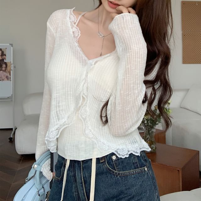 V-Neck Lace Trim Ribbed Crop Cardigan