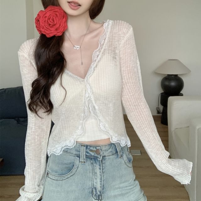 V-Neck Lace Trim Ribbed Crop Cardigan