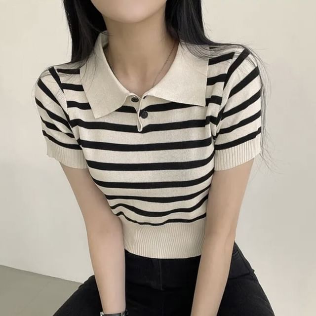Striped Knit Polo Crop Top with Short Sleeves