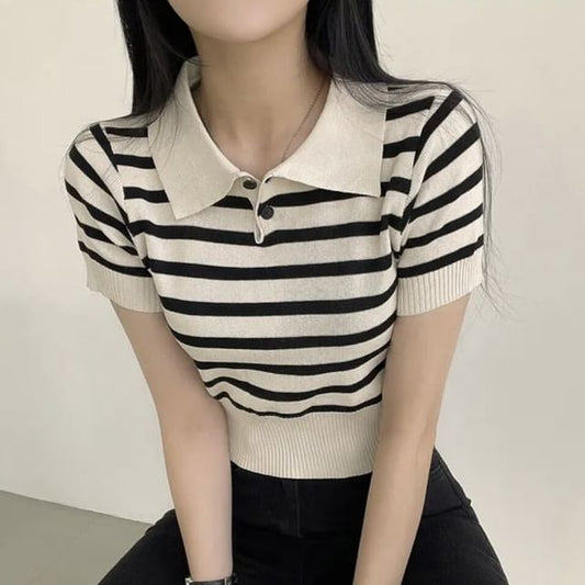 Striped Knit Polo Crop Top with Short Sleeves