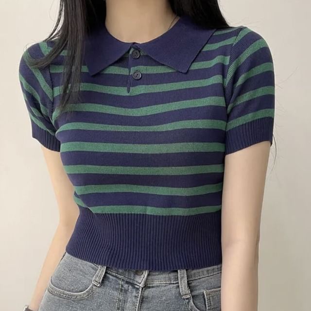Striped Knit Polo Crop Top with Short Sleeves