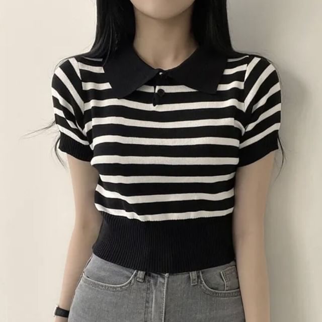 Striped Knit Polo Crop Top with Short Sleeves