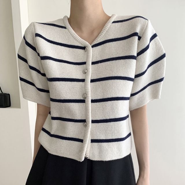 Striped Button-Down Knit Crop Top with V-Neckline