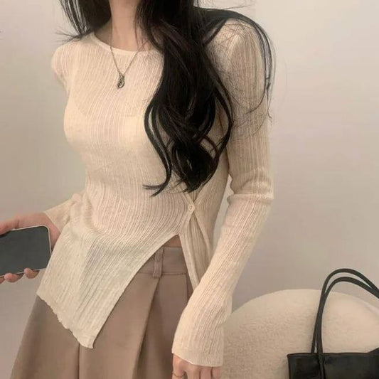Asymmetric Hem Knit Top with Long Sleeves