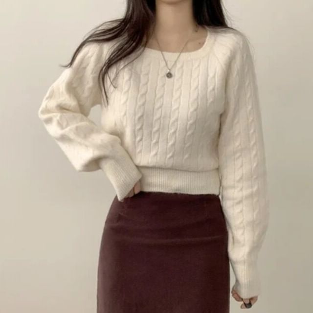 Square Neck Cropped Knit Top with Long Sleeves