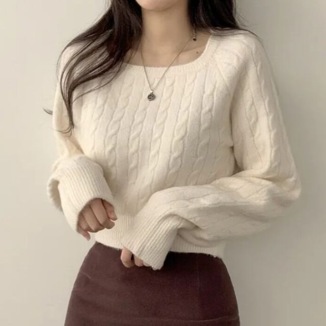 Square Neck Cropped Knit Top with Long Sleeves
