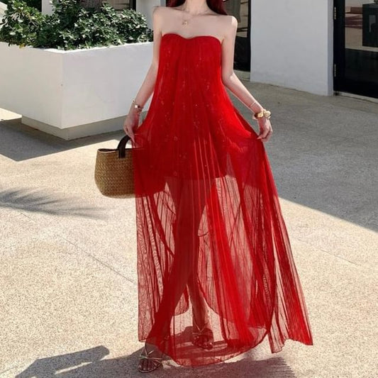 Plain Pleated Mesh Overlay Maxi A-Line Tube Dress