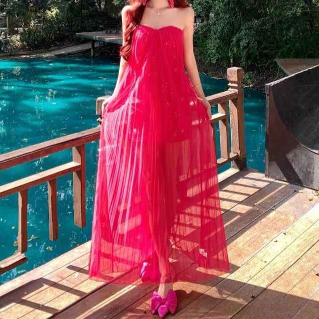 Plain Pleated Mesh Overlay Maxi A-Line Tube Dress
