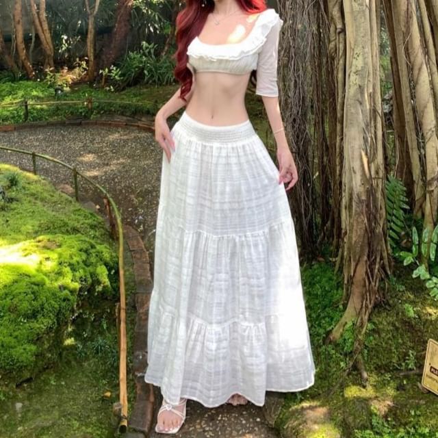 Scoop Neck Ruffle Crop Top & Tiered Maxi Skirt Set - Altfashion Shop