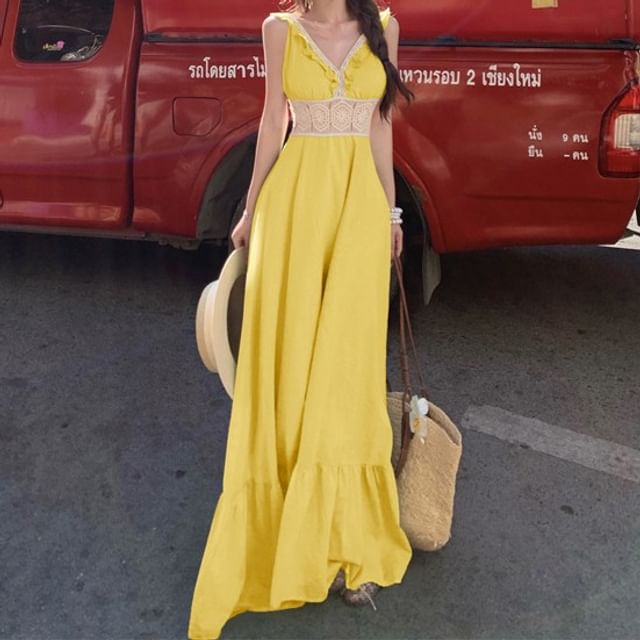 Sleeveless V-Neck Ruffle Panel Maxi A-Line Dress