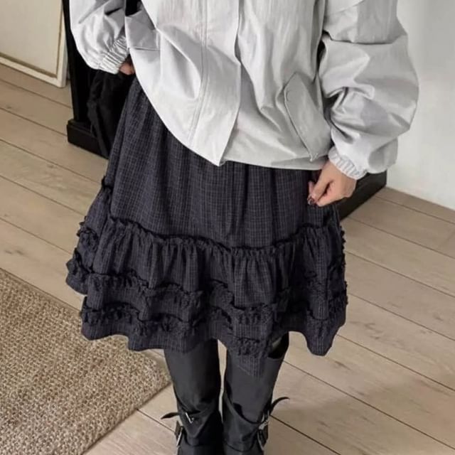 Plaid Frill Trim Midi A-Line Skirt - Altfashion Shop