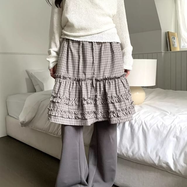 Plaid Frill Trim Midi A-Line Skirt - Altfashion Shop