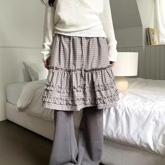 Plaid Frill Trim Midi A-Line Skirt - Altfashion Shop