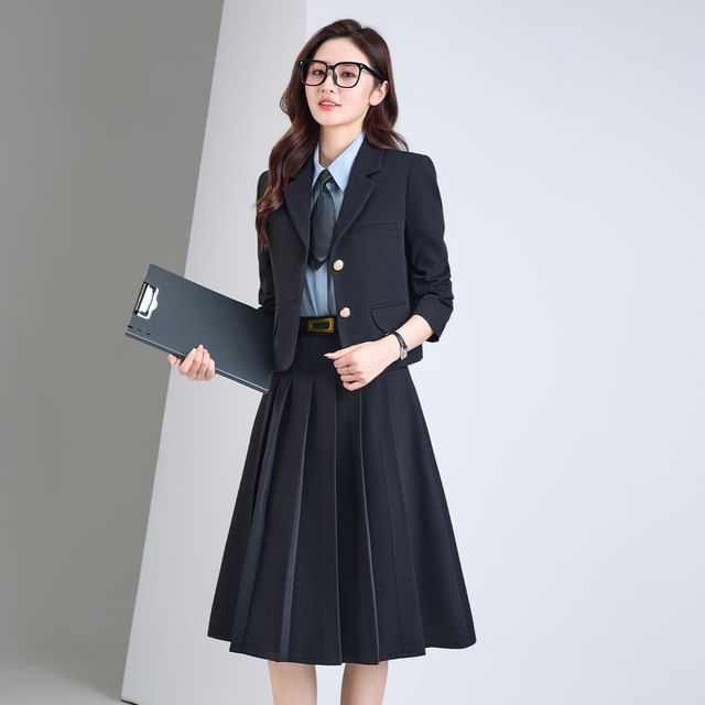 Notch Lapel Blazer & Pleated Midi Skirt Set - Altfashion Shop