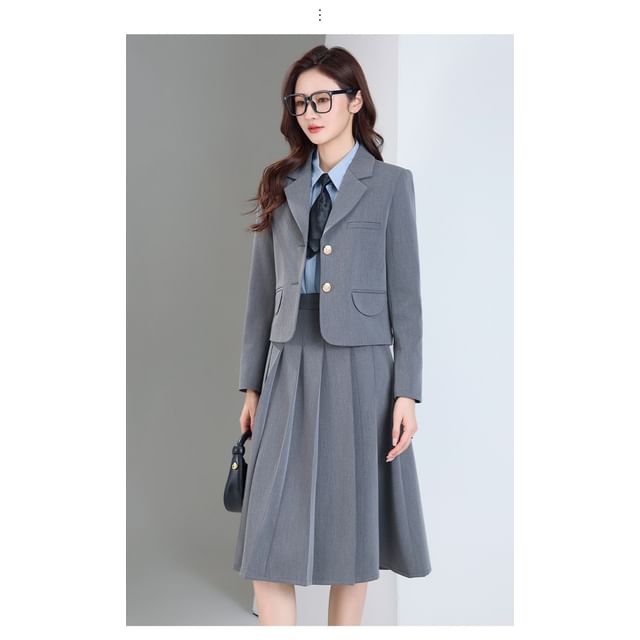 Notch Lapel Blazer & Pleated Midi Skirt Set - Altfashion Shop