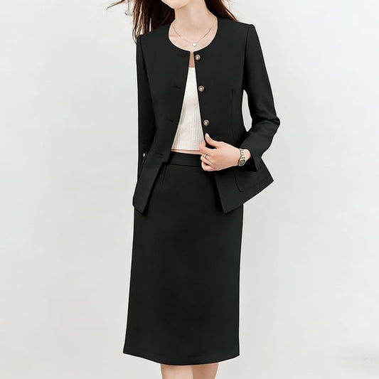 Faux Pearl Button Jacket & Pencil Skirt Set - Altfashion Shop