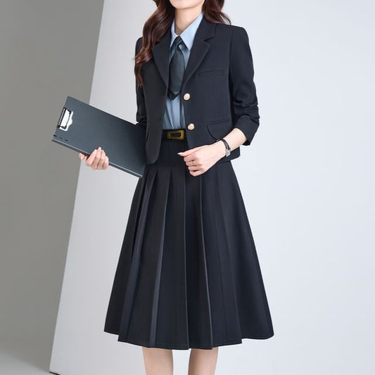 Notch Lapel Blazer & Pleated Midi Skirt Set - Altfashion Shop