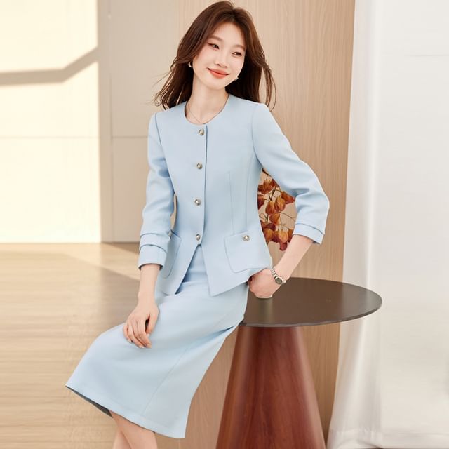 Faux Pearl Button Jacket & Pencil Skirt Set - Altfashion Shop