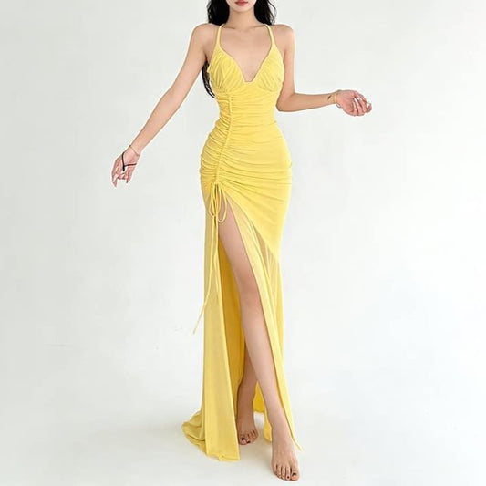 Halter Plain Side-Slit Drawstring Maxi Sheath Dress