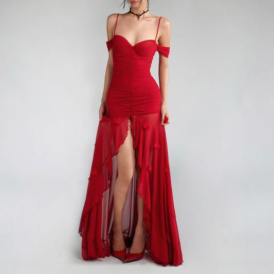 Cold-Shoulder Plain Ruched Front-Slit Maxi Mermaid Dress