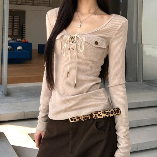 Long Sleeve Scoop Neck Ribbed Lace-Up Tee