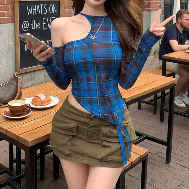 Long Sleeve Off-Shoulder Plaid Asymmetrical Cutout Cropped Top