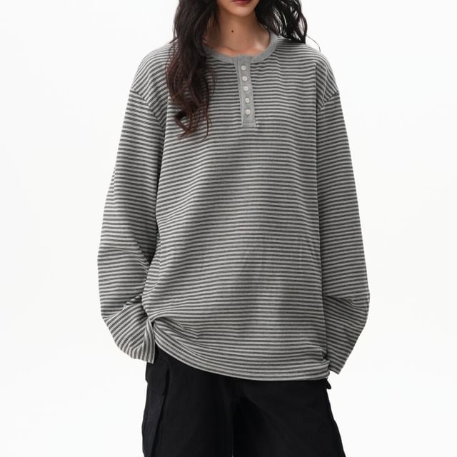 Long Sleeve Henley Striped Shirt
