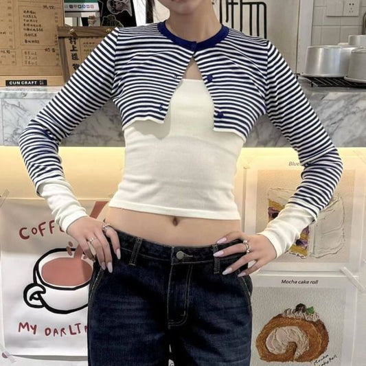 Mock Two-Piece Crew Neck Striped Button-Up Crop Cardigan