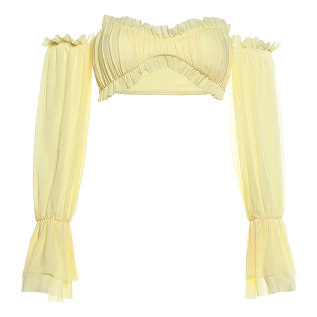 Off-Shoulder Puff-Sleeve Plain Ruffled Cropped Blouse / Low Rise Midi A-Line Tiered Skirt