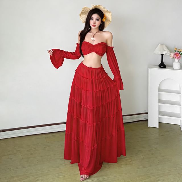 Off-Shoulder Puff-Sleeve Plain Ruffled Cropped Blouse / Low Rise Midi A-Line Tiered Skirt
