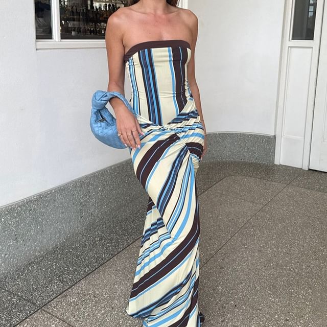 Strapless Striped Knotted Maxi A-Line Dress