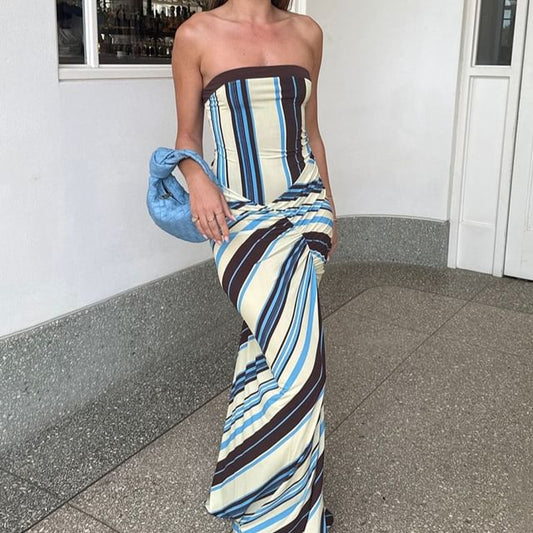 Strapless Striped Knotted Maxi A-Line Dress