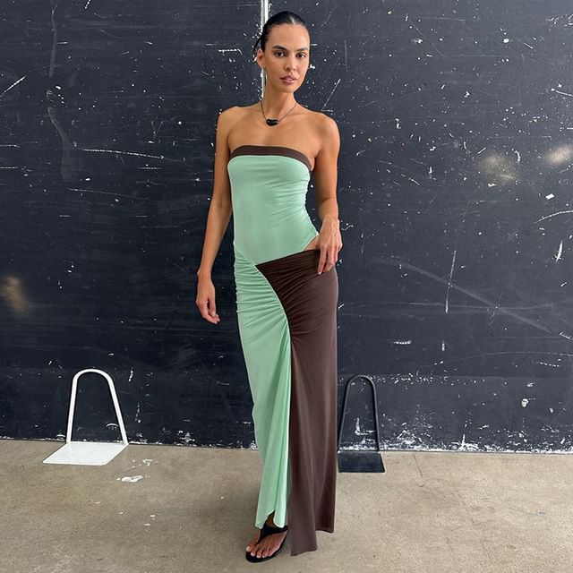 Strapless Striped Knotted Maxi A-Line Dress