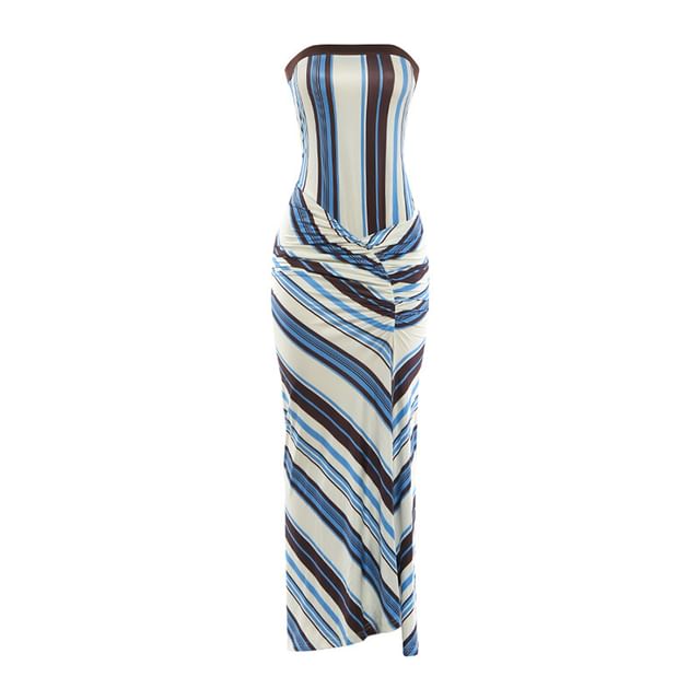 Strapless Striped Knotted Maxi A-Line Dress
