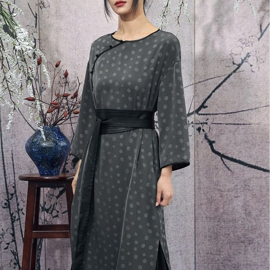 Puff-Sleeve Polka Dot Side-Slit Maxi Smock Dress