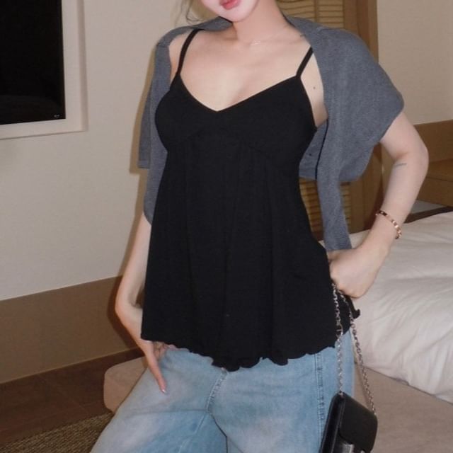 V-Neck Plain Lettuce Edge Camisole / Short Sleeve Tie Front Cropped Cardigan