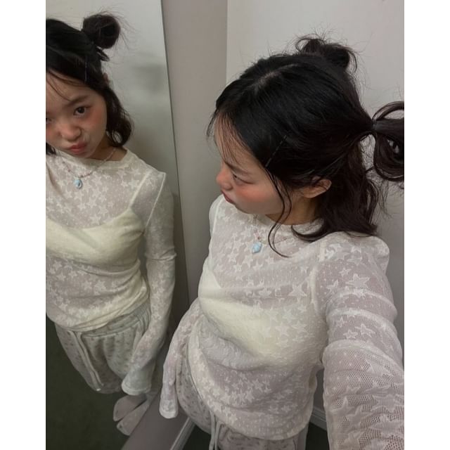 Long-Sleeve Crew Neck Sheer Lace Top