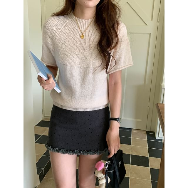 Short-Sleeve Crewneck Solid Knit Top