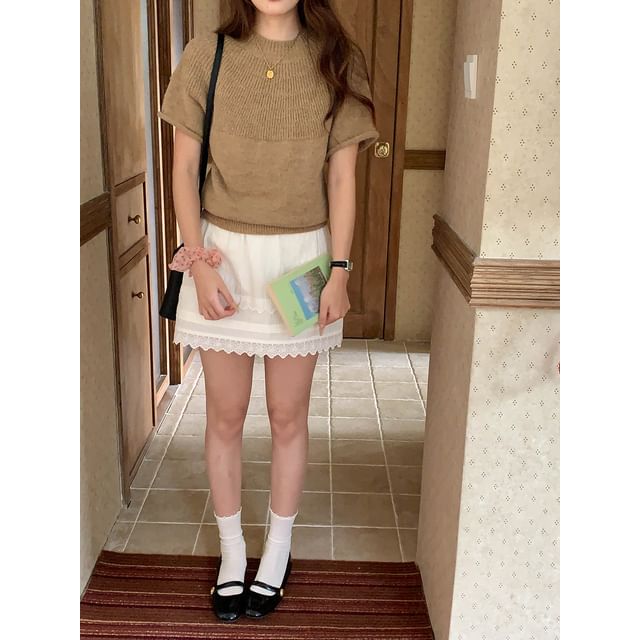 Short-Sleeve Crewneck Solid Knit Top