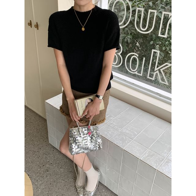 Short-Sleeve Crewneck Solid Knit Top