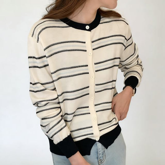 Crewneck Striped Button-Up Cardigan