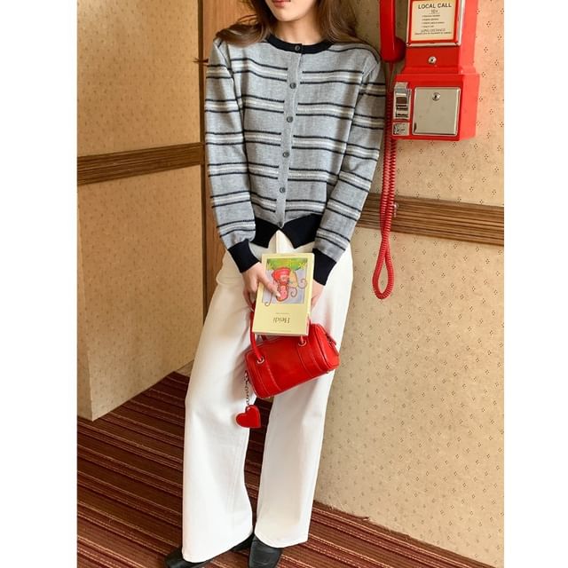 Crewneck Striped Button-Up Cardigan