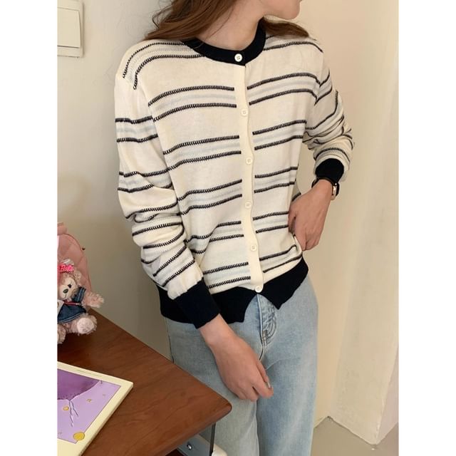 Crewneck Striped Button-Up Cardigan