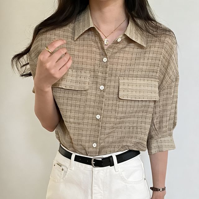 3/4-Sleeve Pocketed Plaid Shirt