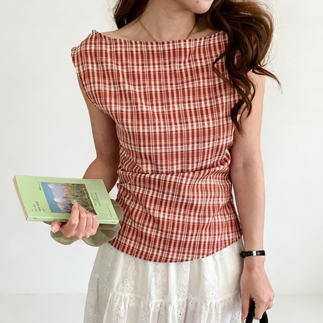 Cap-Sleeve Boatneck Plaid Blouse