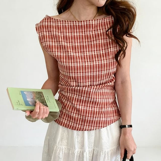 Cap-Sleeve Boatneck Plaid Blouse